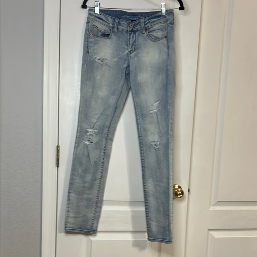 American Eagle Outfitters Blue Skinny Jeans with Distressed Details